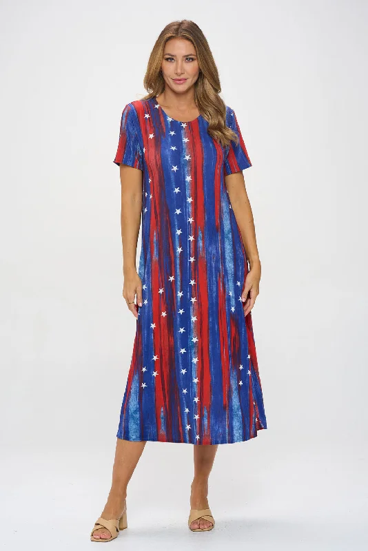 American Print Long Dress Short Sleeve -7002BN-SRD1-D005