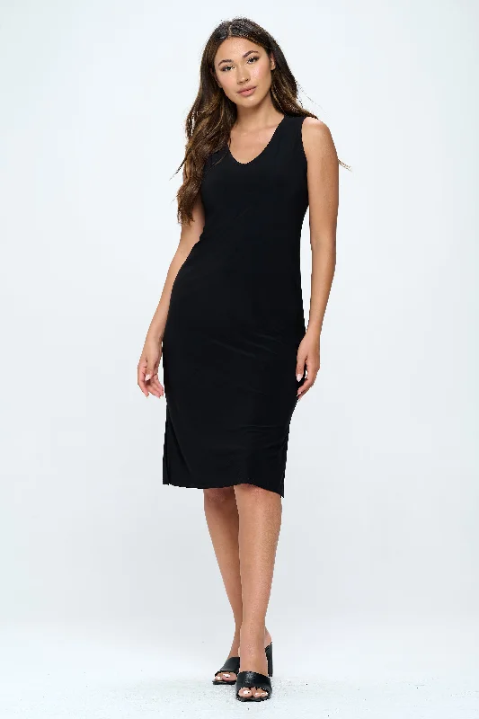 HIT V-Neck Midi Tank Dress with Side Slit-7080HT-TRS1