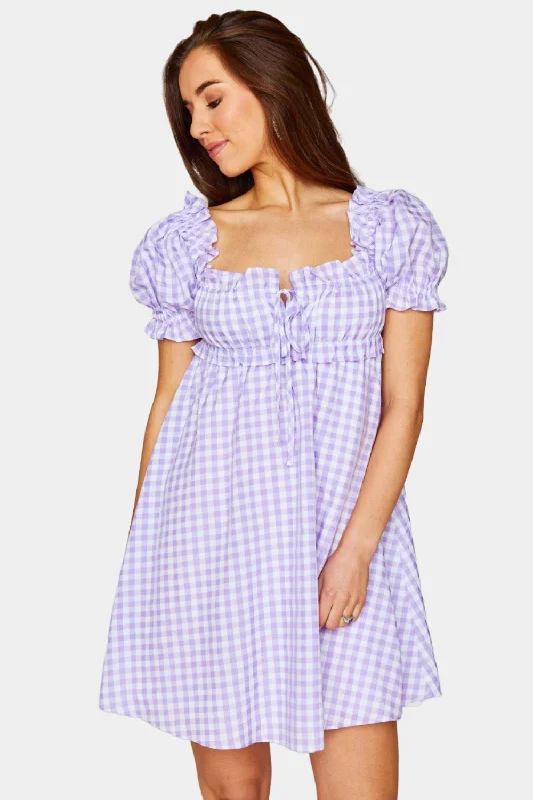 Jac Puff Sleeve Short Dress - Purple Plaid