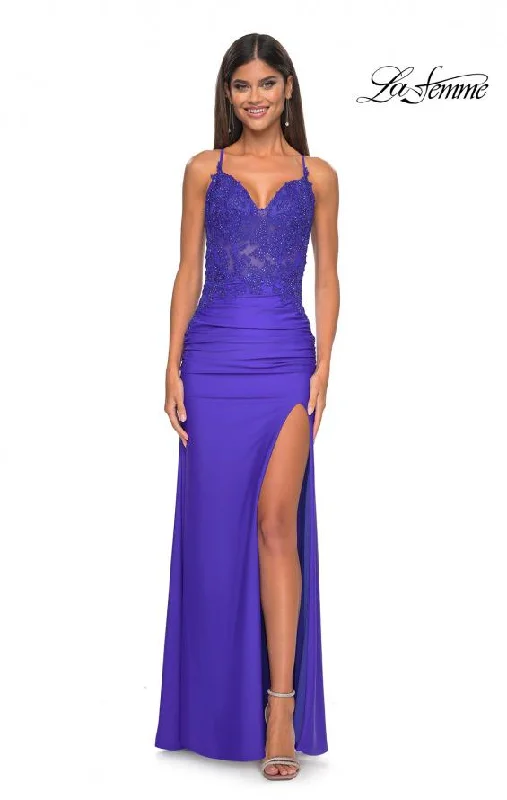 La Femme Lace Jersey with Slit | Royal Blue