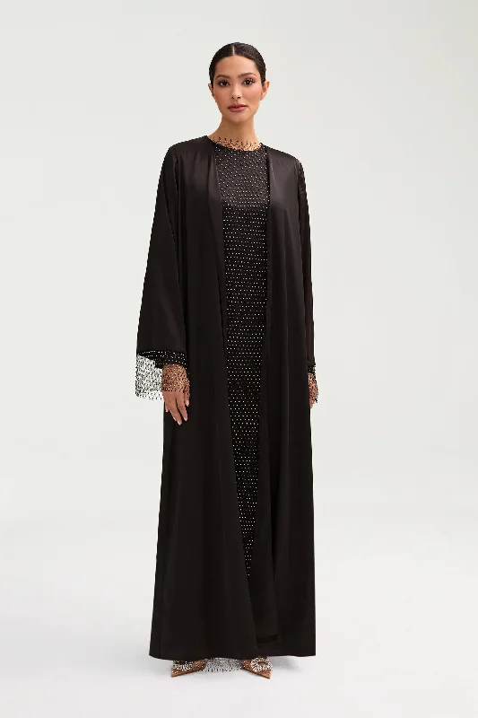 Lyana Crystal Mesh Satin Abaya - Black