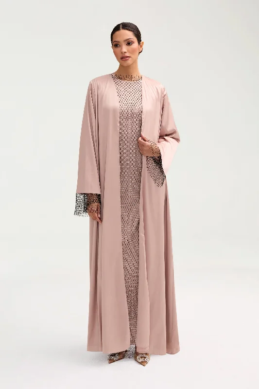 Lyana Crystal Mesh Satin Abaya - Pink Jasmine