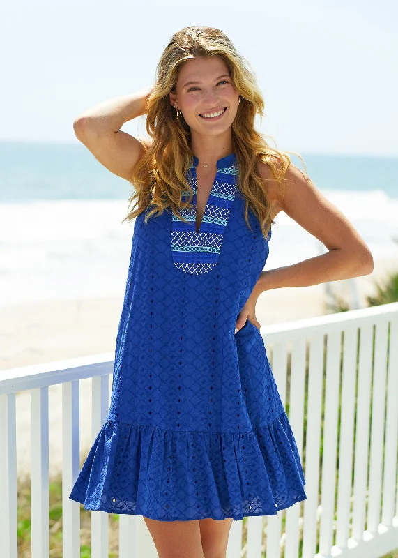 Navy Embroidered Eyelet Halter Dress