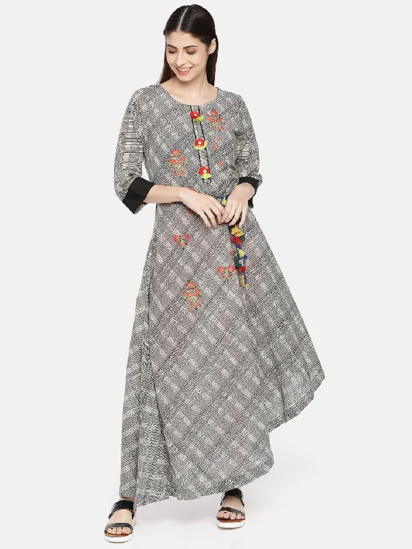 Neeru's Black & Grey Embroidered High Low Kurta