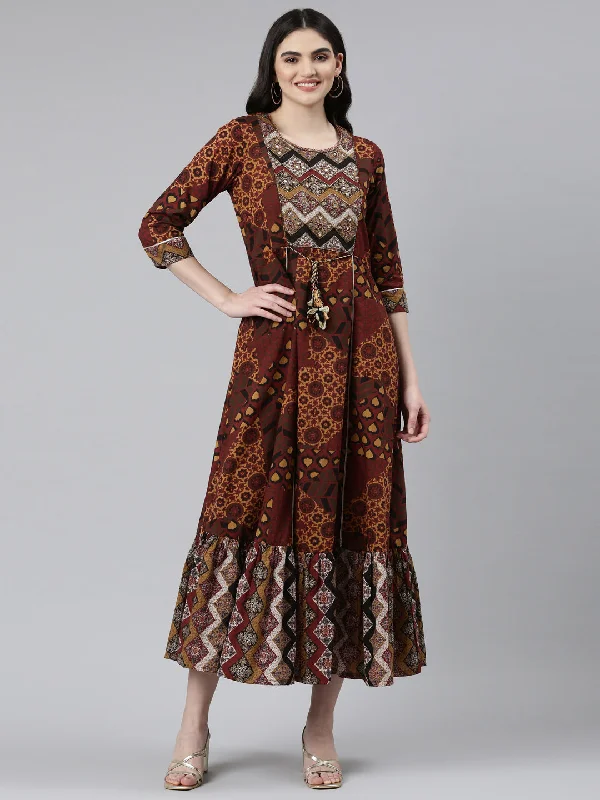 Neeru's Brown Straight Casual Printed Dress