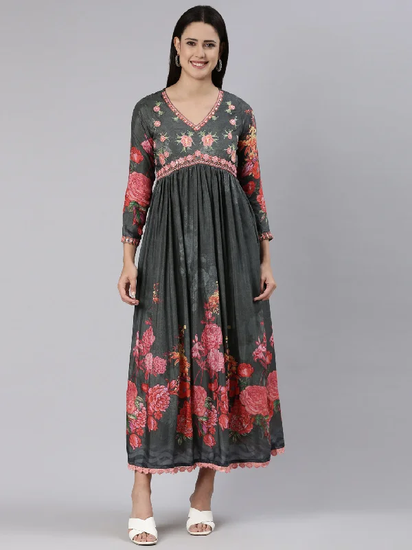 Neeru's Grey Straight Casual Floral Dress