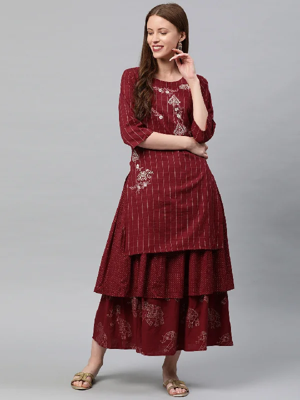 Neeru's Maroon Embroidered Flared Double Layered Kurta