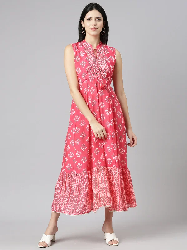 Neeru's Pink Straight Casual Printed Dress