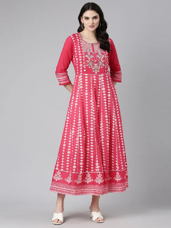 Neeru's Pink Straight Casual Embroidered Dress