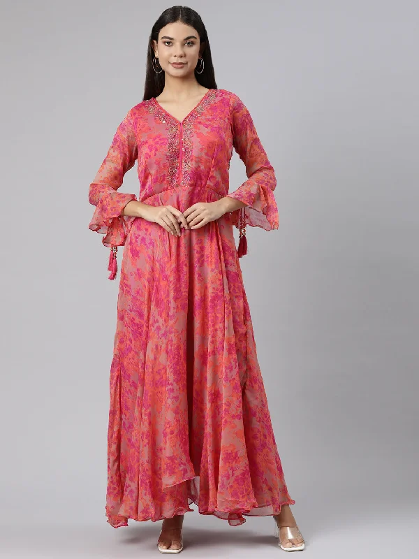 Neeru's Pink Straight Casual Floral Dresses