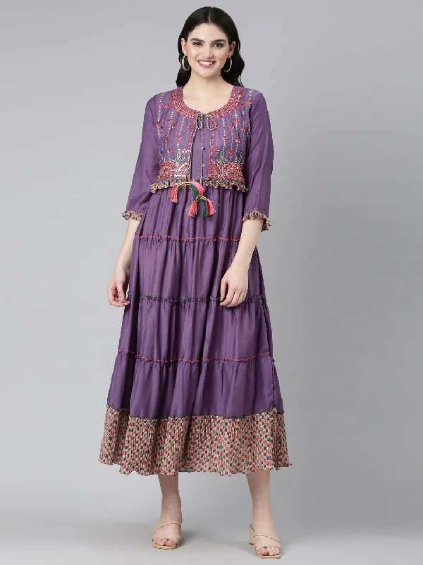 Neeru's Purple Straight Casual Embroidered Dress