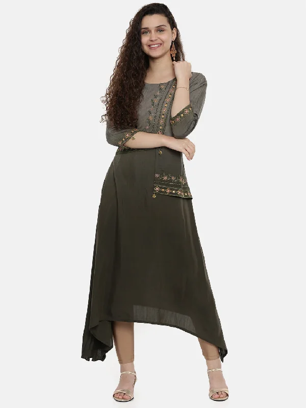 Neeru's Women Grey Embroidered A-Line Asymmetric Kurta