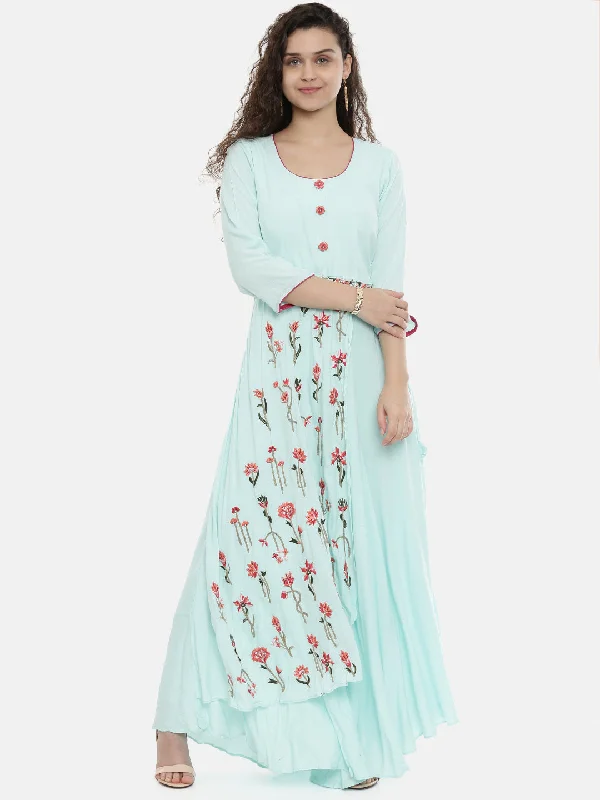 Neeru's Women Sea Green Red Floral Embroidered A-Line Kurta With Tie-Up Detail