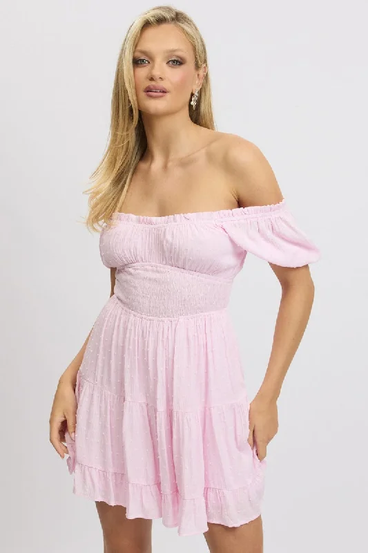 Pink Fit And Flare Dress Puff Sleeve Mini