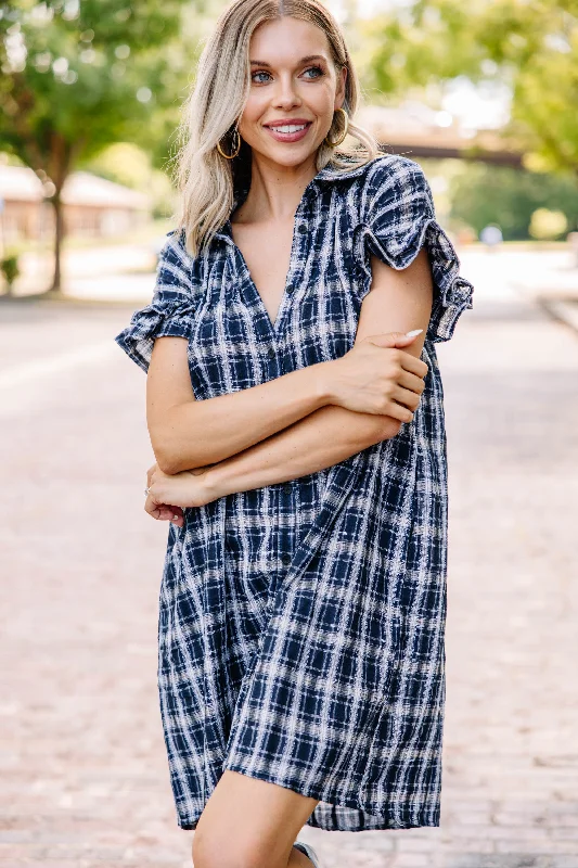 Sweet Aspirations Navy Blue Plaid Dress