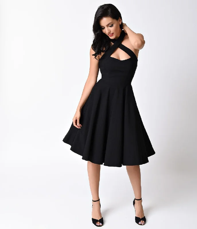 Unique Vintage Black Criss Cross Halter Rita Flare Dress