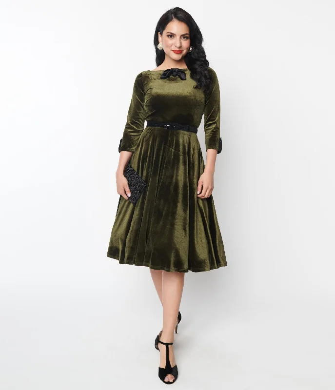 Unique Vintage Deep Olive Green Velvet Faux Bow Devon Swing Dress