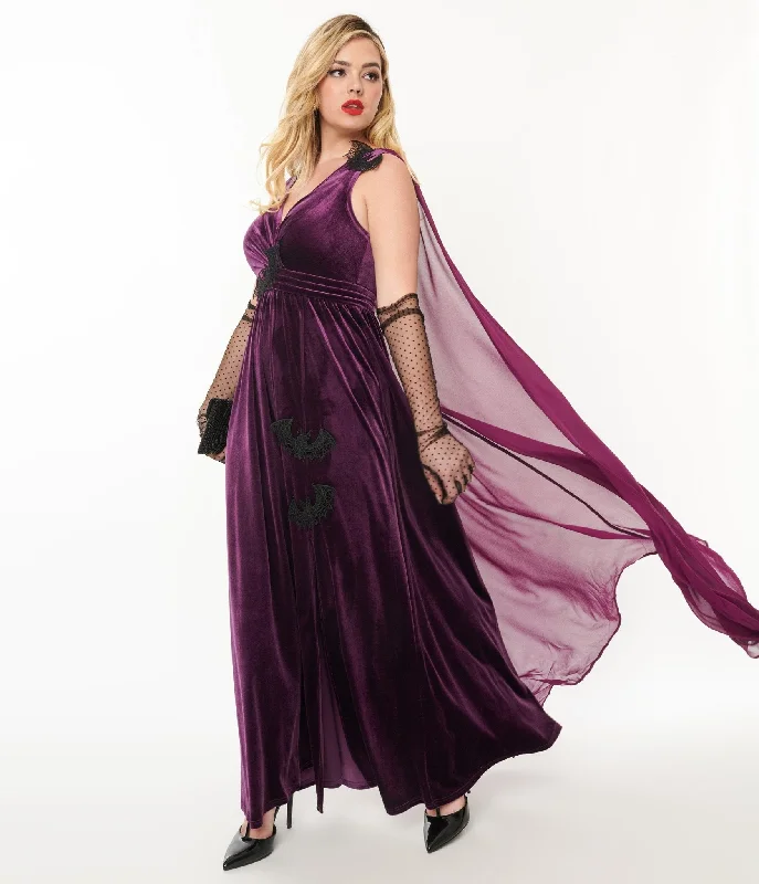 Unique Vintage Eggplant & Black Bat Velvet Cape Gown