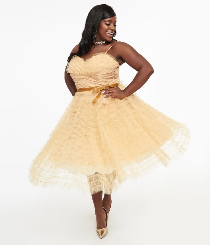 Unique Vintage Plus Size 1950s Gold Glitter Tulle Cupcake Swing Dress