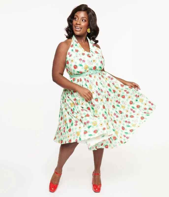 Unique Vintage Plus Size 1950s Green Gingham Spooky Fruit Print Halter Swing Dress