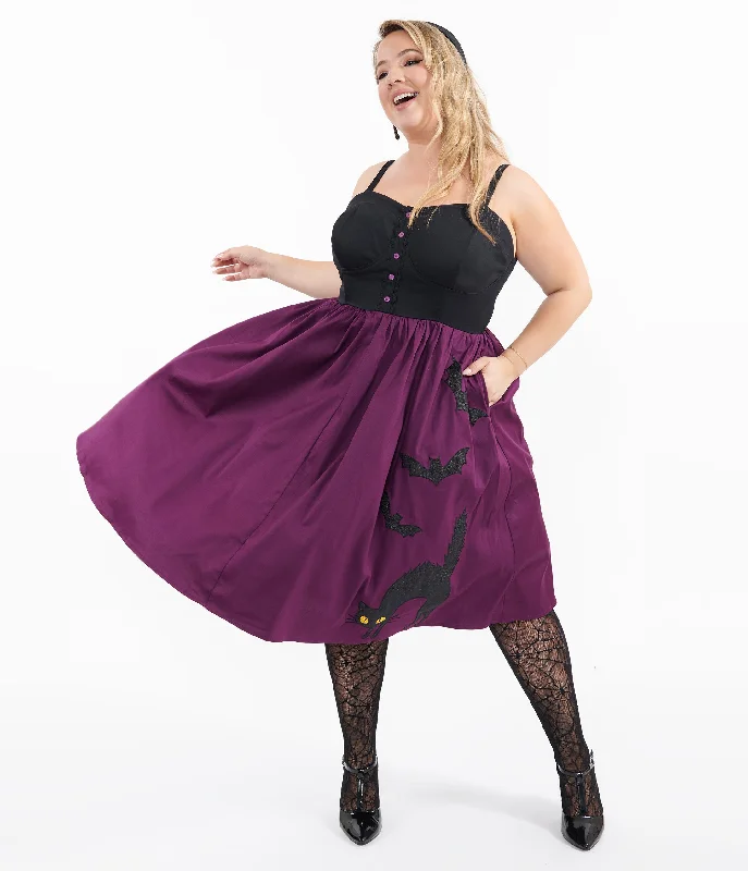 Unique Vintage Plus Size 1950s Purple & Black Glitter Cat Swing Dress