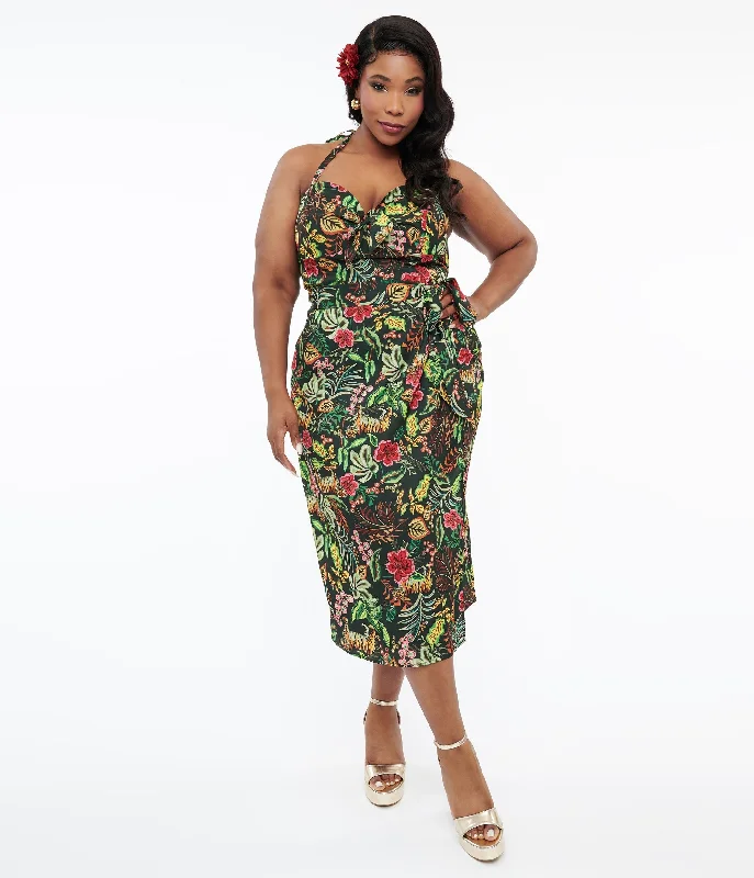 Unique Vintage Plus Size Green Jungle Cat Print Leilani Sarong Dress