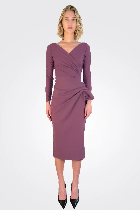 Agna Ruched Ruffle Sheath Dress - Plum