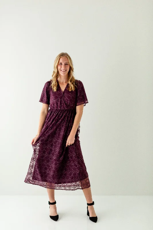 'Arabella' Embroidered Mesh Surplice Midi Dress