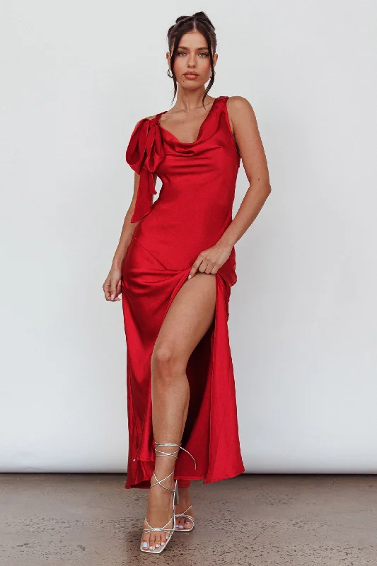 Averie Bow Shoulder Split Midi Dress Red