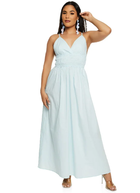 Haute Monde Smocked Waist Plunge Maxi Dress