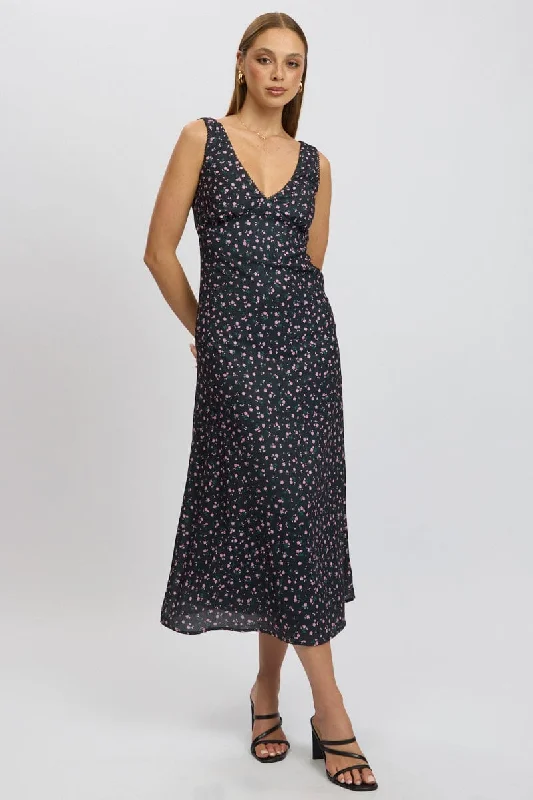 Black Ditsy Maxi Dress V-Neck