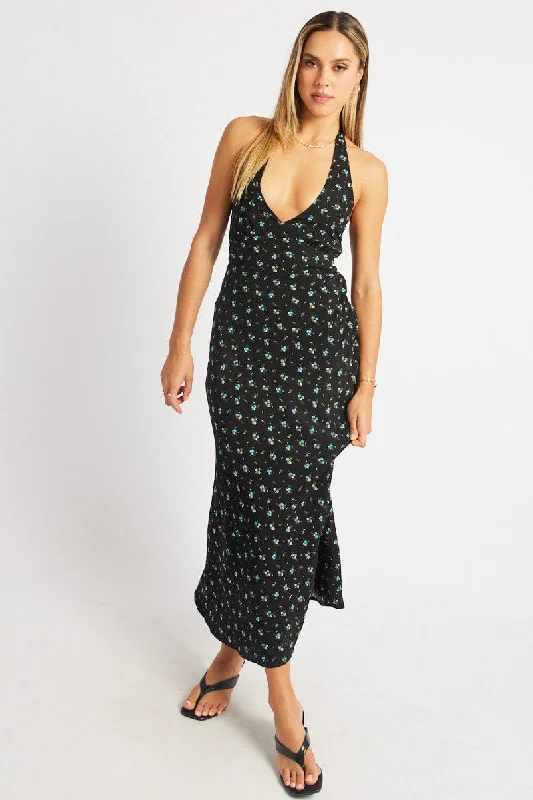 Black Ditsy Midi Dress Halter Neck