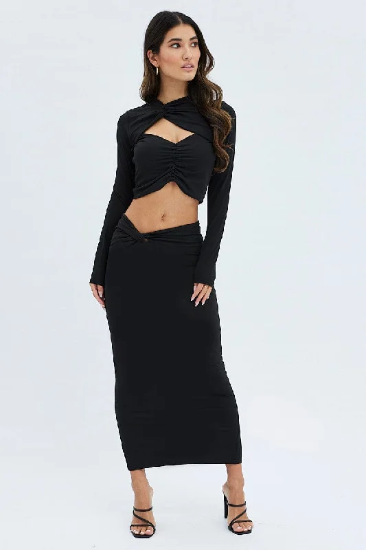 Black Midi Skirt Twisted Waist Double Layer