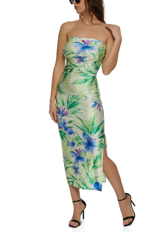 Haute Monde Floral Split Hem Strapless Maxi Dress