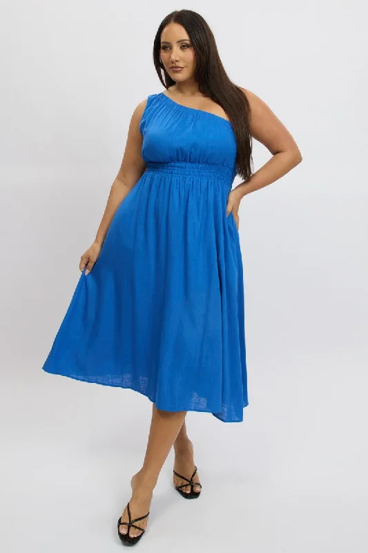 Blue Midi Dress One Shoulder Linen Blend