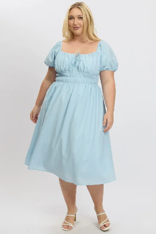 Blue Midi Dress Short Sleeve Ruched Bust