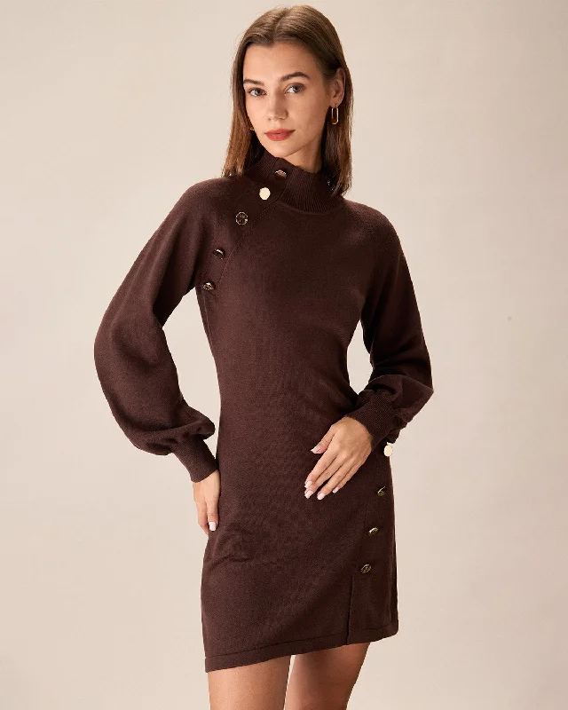 Brown Mock Neck Button Sweater Dress