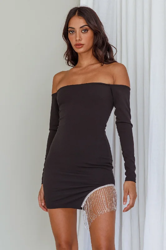 Call On Me Diamante Off-Shoulder Mini Dress Black