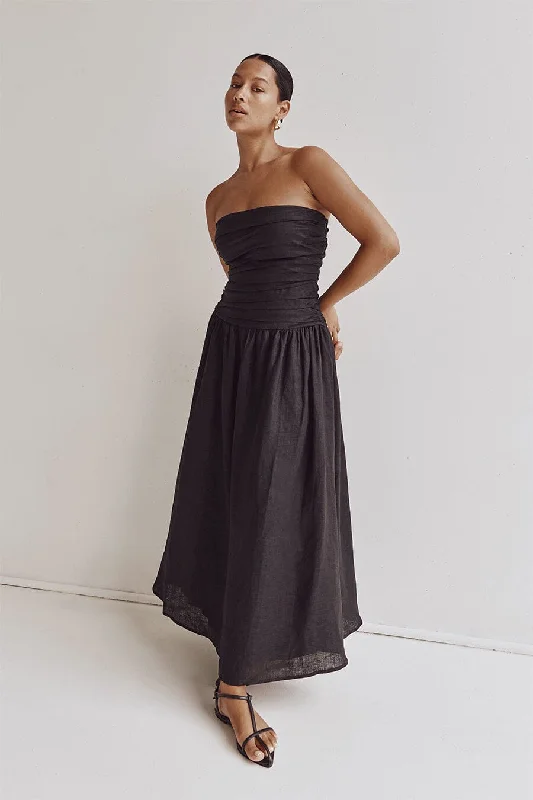 CATANIA BLACK LINEN STRAPLESS DRESS