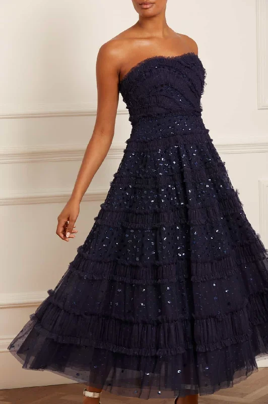 Dot Shimmer Tiered Strapless Ankle Gown