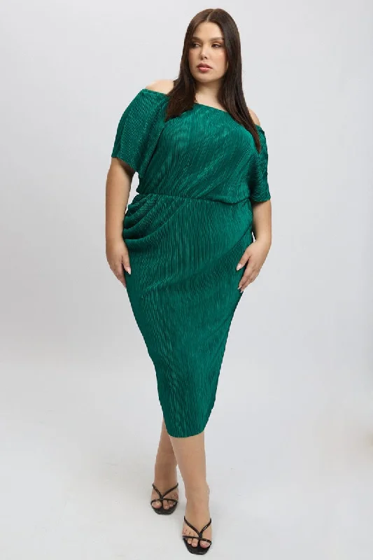 Green Asymmetric Plisse Midi Dress