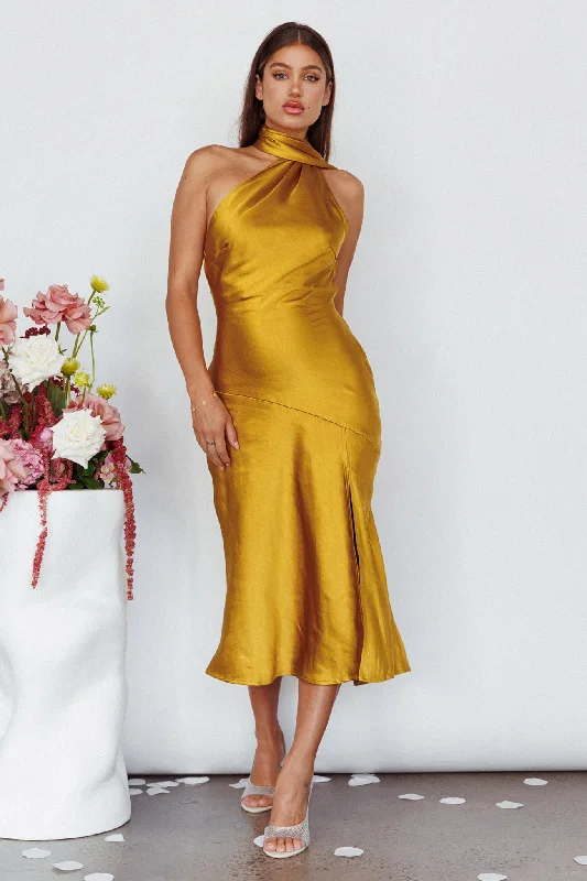 Italian Summer Tie Neck Midi Dress Mustard