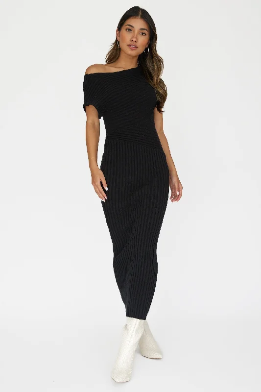 Kaelyn Asymmetric Neck Knit Maxi Dress Black