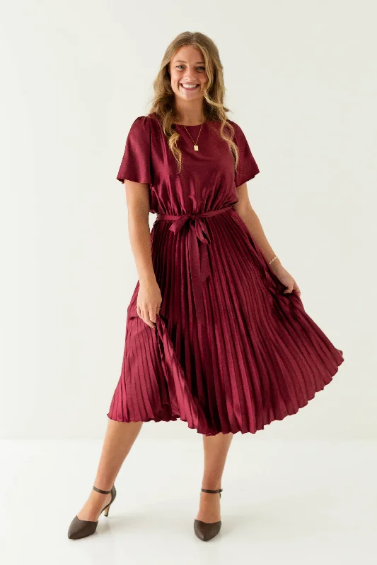 'Katiya' Satin Tie Waist Pleated Midi Dress