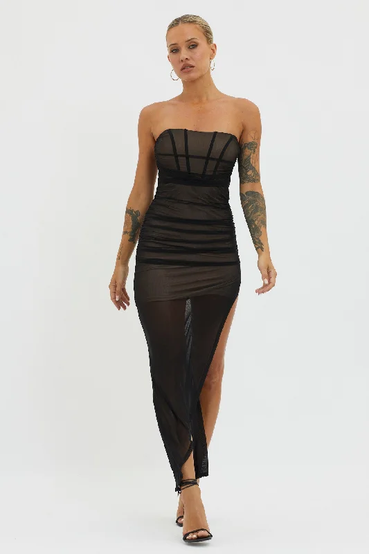 LA Nights Strapless Sheer Midi Dress Black/Nude