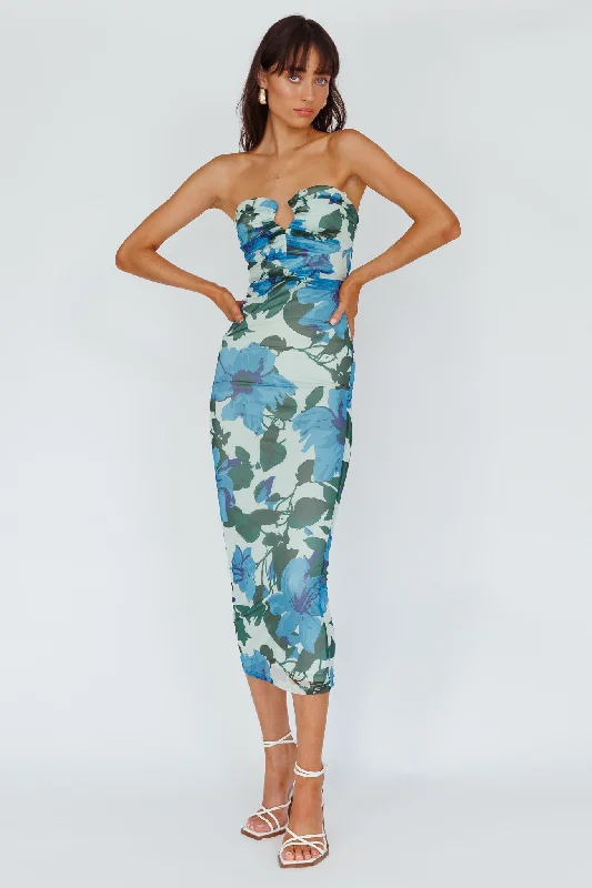 Lahita Strapless Midi Dress Floral Blue