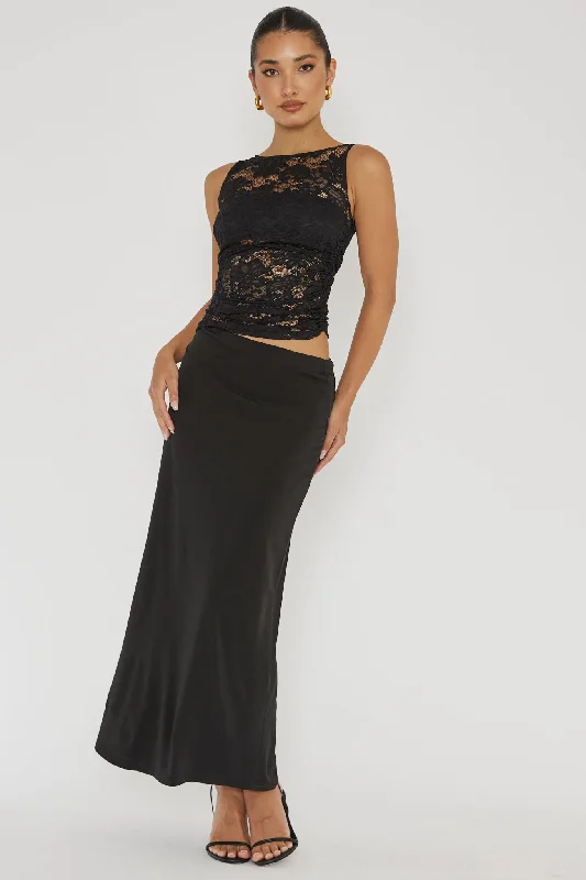 Lorely Ruched Lace Bodice Maxi Dress Black