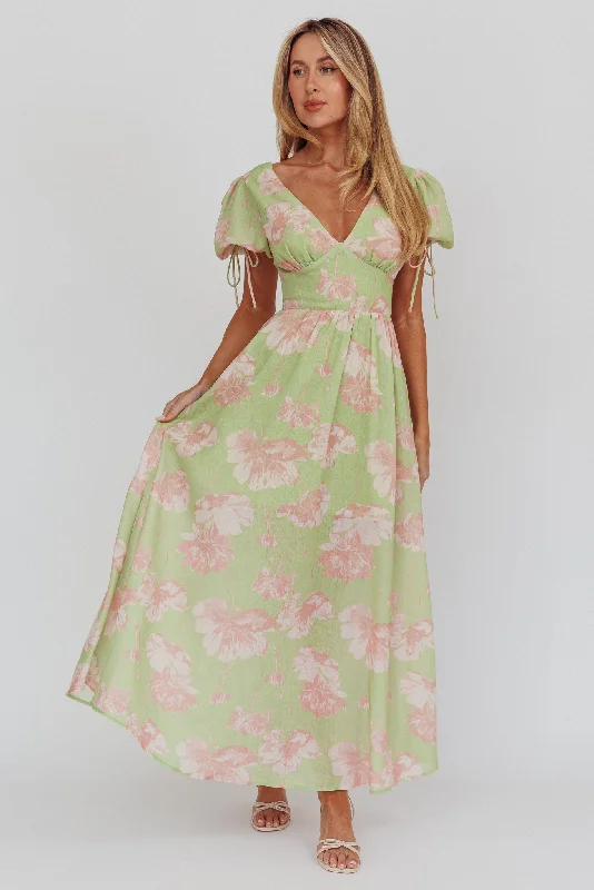 Loveberry Puff Sleeve A-Line Maxi Dress Green