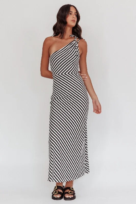 Ocean Road Tied One-Shoulder Maxi Dress Stripe Black