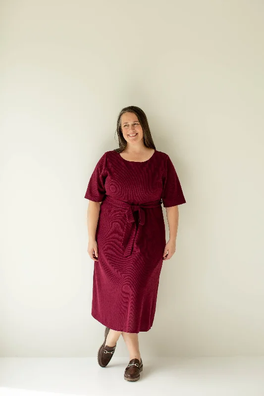 Plus 'Ruby' Tie Waist Knit Midi Dress in Burgundy